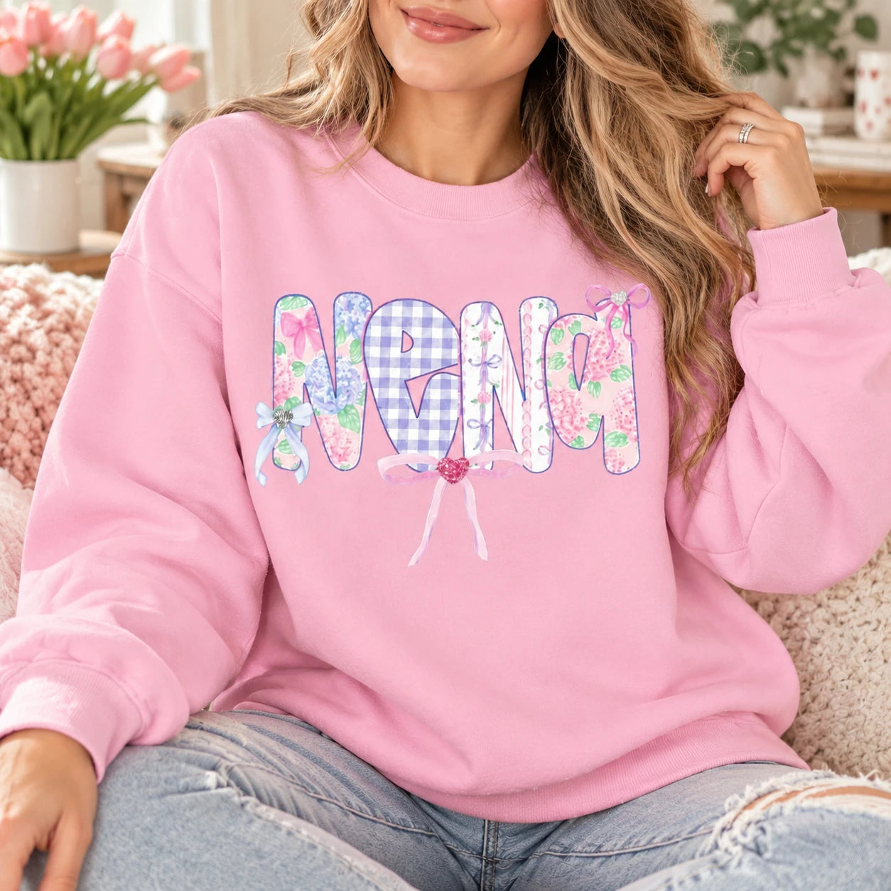 Custom Grandma Name Sweatshirt Personalized Meemaw Yaya Lolli Mema Pastel Floral Gingham Bow Gift