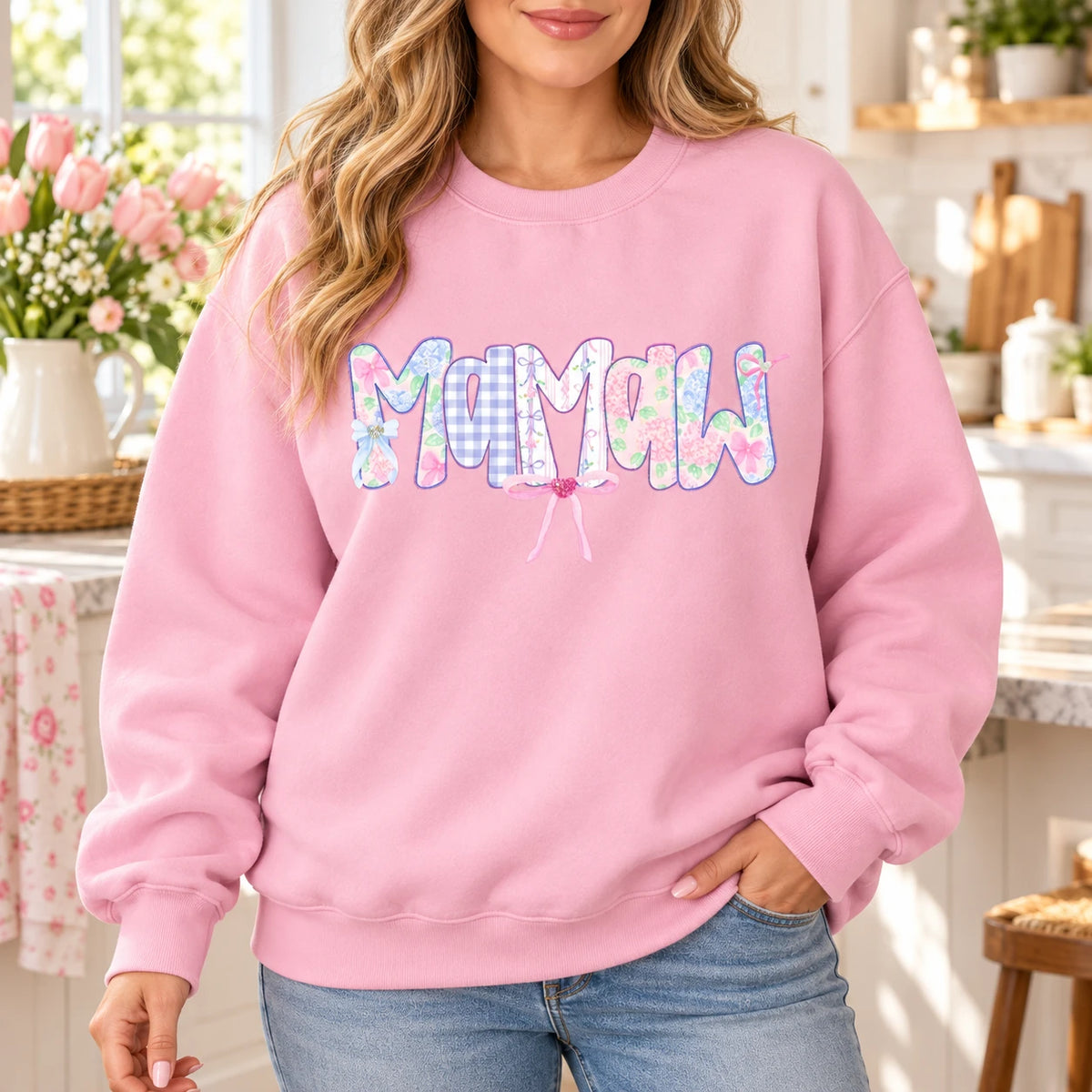 Custom Grandma Name Sweatshirt Personalized Meemaw Yaya Lolli Mema Pastel Floral Gingham Bow Gift