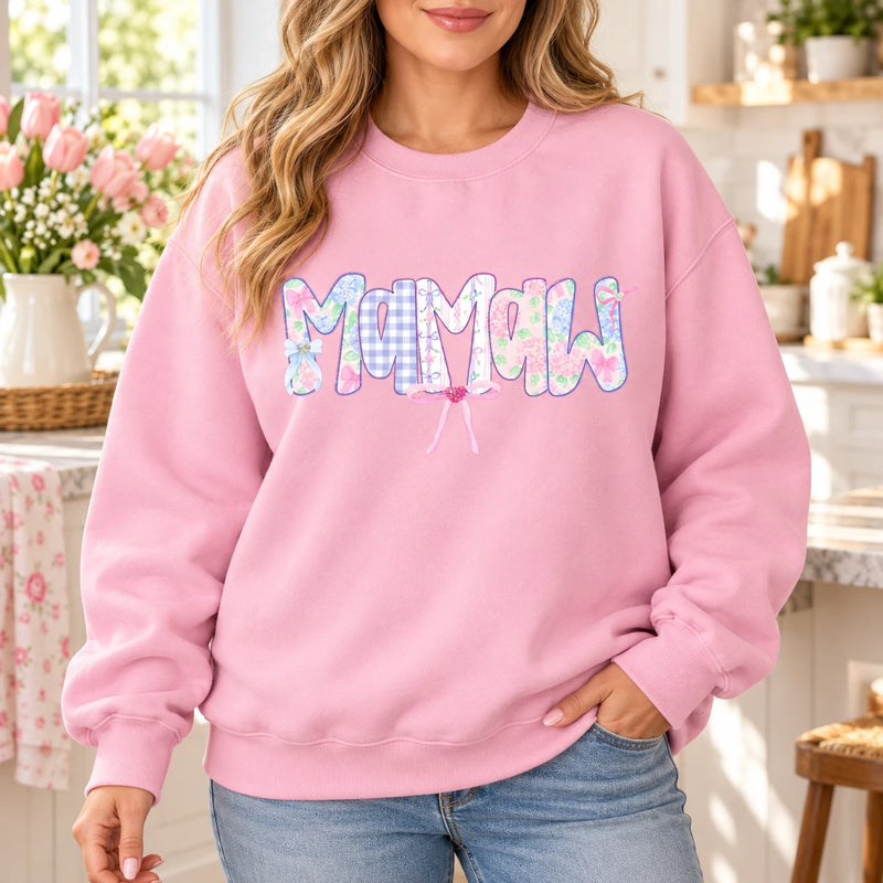 Custom Grandma Name Sweatshirt Personalized Meemaw Yaya Lolli Mema Pastel Floral Gingham Bow Gift