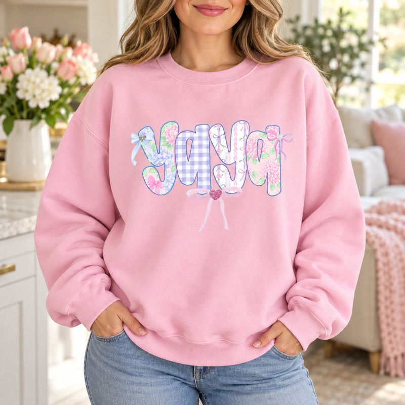 Custom Grandma Name Sweatshirt Personalized Meemaw Yaya Lolli Mema Pastel Floral Gingham Bow Gift