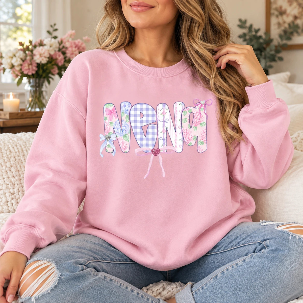 Custom Grandma Name Sweatshirt Personalized Meemaw Yaya Lolli Mema Pastel Floral Gingham Bow Gift