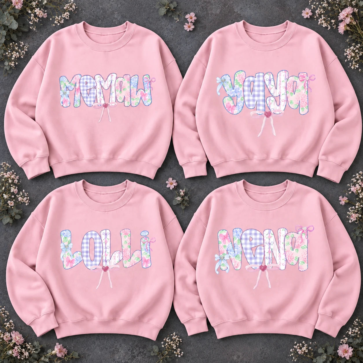 Custom Grandma Name Sweatshirt Personalized Meemaw Yaya Lolli Mema Pastel Floral Gingham Bow Gift