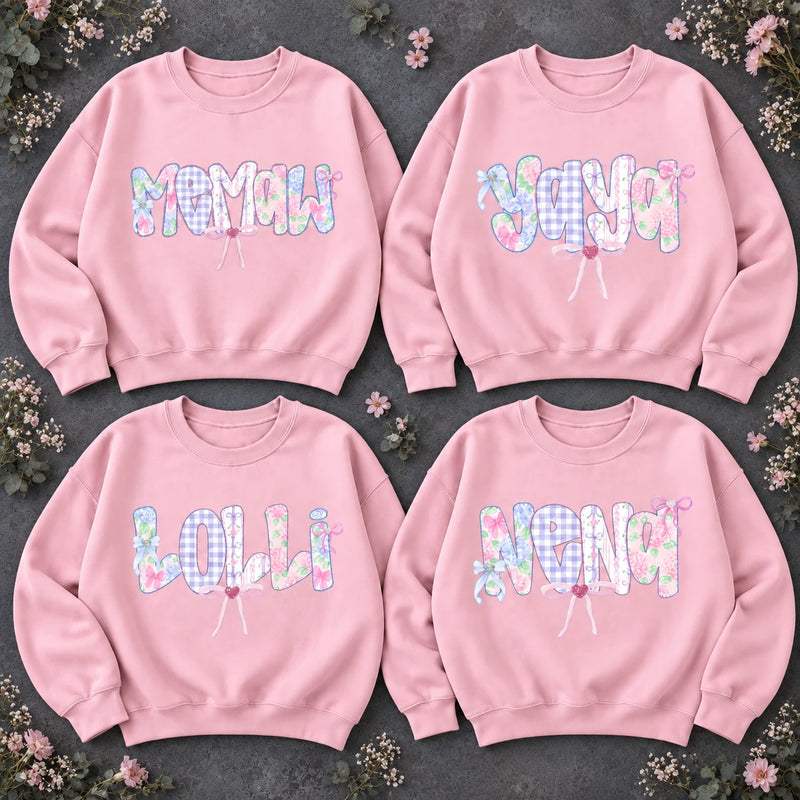 Custom Grandma Name Sweatshirt Personalized Meemaw Yaya Lolli Mema Pastel Floral Gingham Bow Gift