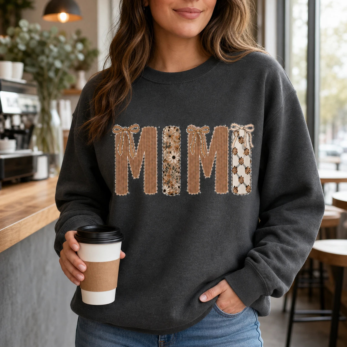 Custom Grandma Sweatshirt, Gigi Nana Mimi Mom Patchwork Name, Personalized Grandma & Mom Gift, Coquette Fall Floral, Women, Vintage Applique Style