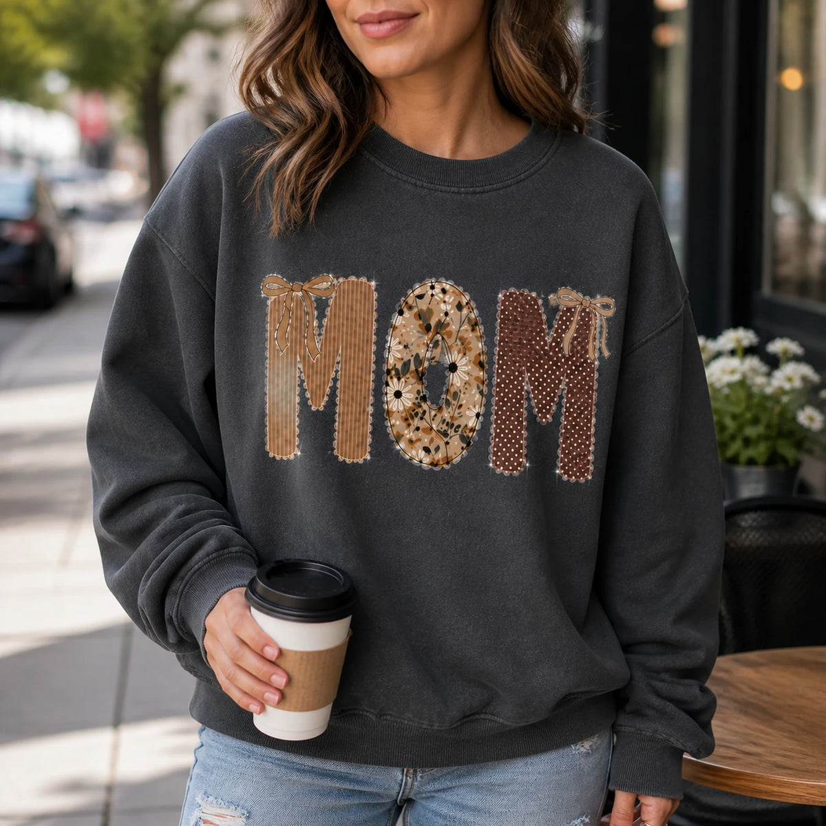 Custom Grandma Sweatshirt, Gigi Nana Mimi Mom Patchwork Name, Personalized Grandma & Mom Gift, Coquette Fall Floral, Women, Vintage Applique Style