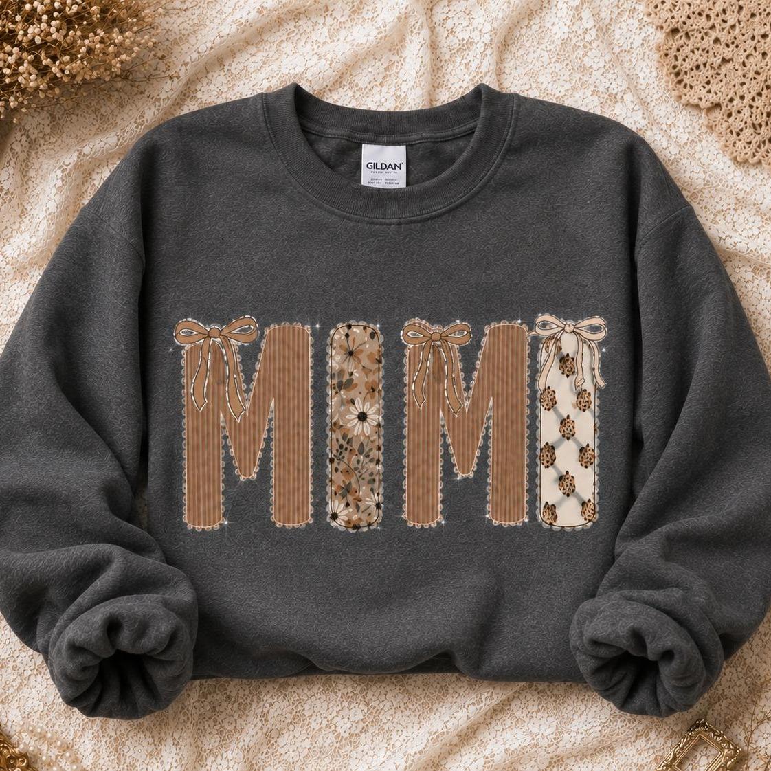 Custom Grandma Sweatshirt, Gigi Nana Mimi Mom Patchwork Name, Personalized Grandma & Mom Gift, Coquette Fall Floral, Women, Vintage Applique Style