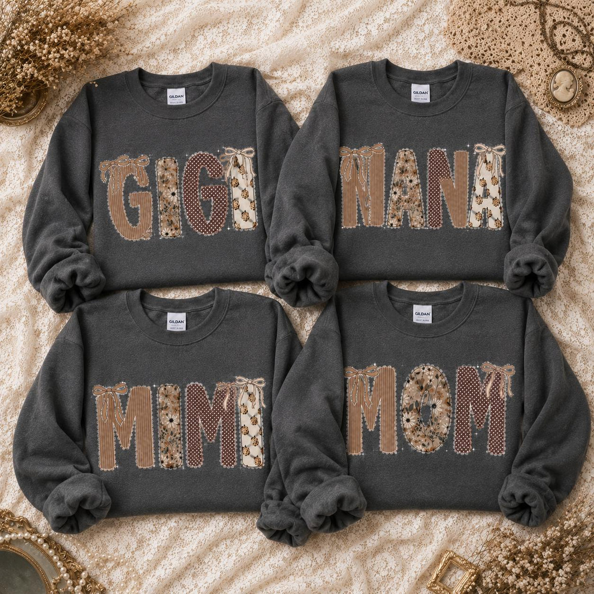 Custom Grandma Sweatshirt, Gigi Nana Mimi Mom Patchwork Name, Personalized Grandma & Mom Gift, Coquette Fall Floral, Women, Vintage Applique Style
