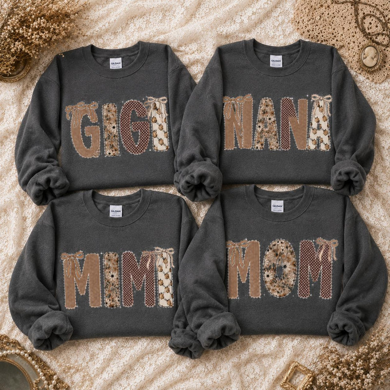 Custom Grandma Sweatshirt, Gigi Nana Mimi Mom Patchwork Name, Personalized Grandma & Mom Gift, Coquette Fall Floral, Women, Vintage Applique Style