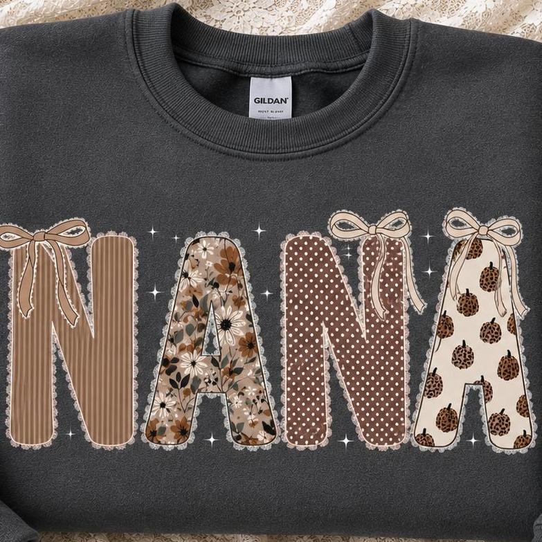 Custom Grandma Sweatshirt, Gigi Nana Mimi Mom Patchwork Name, Personalized Grandma & Mom Gift, Coquette Fall Floral, Women, Vintage Applique Style