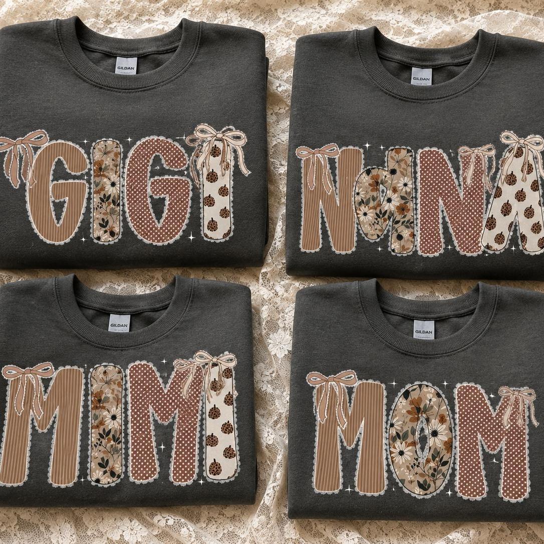 Custom Grandma Sweatshirt, Gigi Nana Mimi Mom Patchwork Name, Personalized Grandma & Mom Gift, Coquette Fall Floral, Women, Vintage Applique Style