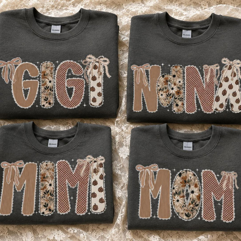 Custom Grandma Sweatshirt, Gigi Nana Mimi Mom Patchwork Name, Personalized Grandma & Mom Gift, Coquette Fall Floral, Women, Vintage Applique Style