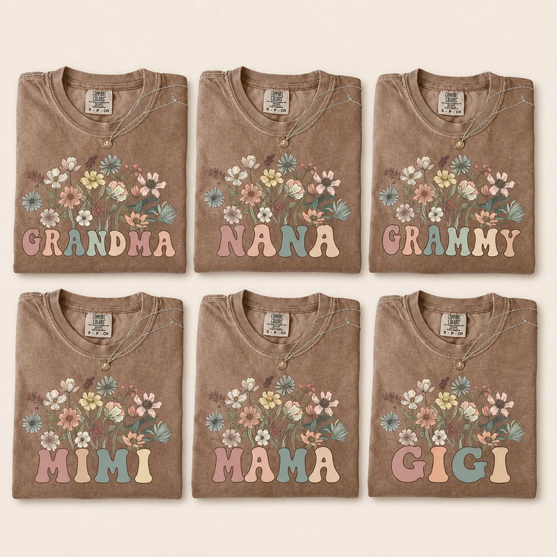 Custom Grandma Wildflower Shirt, Personalized Family Title Tee, Nana Mama Gigi Mimi Grammy Nonna Mother's Day Gift