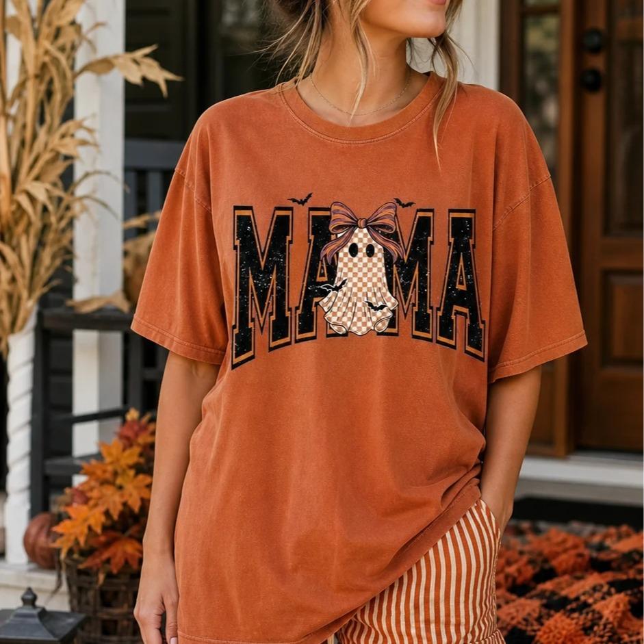 Custom Halloween Family Name Shirt, Personalized Mama Mimi Nana Gigi Auntie Grandma Ghost Bow Graphic Tee, Spooky Fall Gift