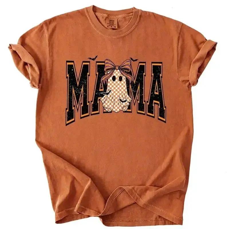 Custom Halloween Family Name Shirt, Personalized Mama Mimi Nana Gigi Auntie Grandma Ghost Bow Graphic Tee, Spooky Fall Gift