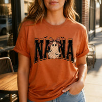 Custom Halloween Family Name Shirt, Personalized Mama Mimi Nana Gigi Auntie Grandma Ghost Bow Graphic Tee, Spooky Fall Gift