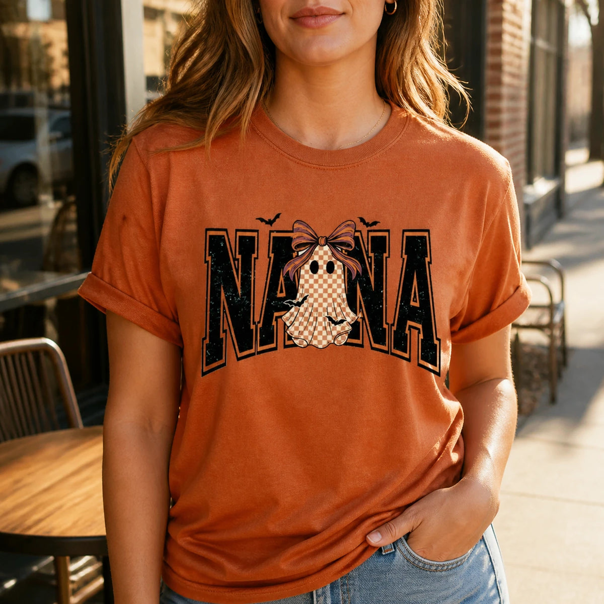 Custom Halloween Family Name Shirt, Personalized Mama Mimi Nana Gigi Auntie Grandma Ghost Bow Graphic Tee, Spooky Fall Gift