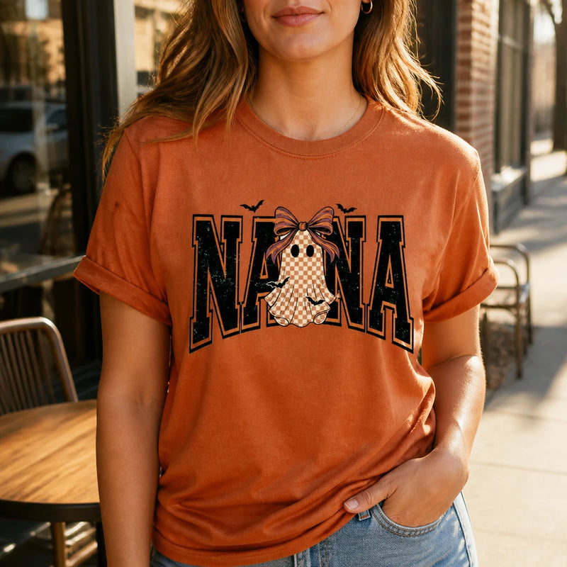 Custom Halloween Family Name Shirt, Personalized Mama Mimi Nana Gigi Auntie Grandma Ghost Bow Graphic Tee, Spooky Fall Gift