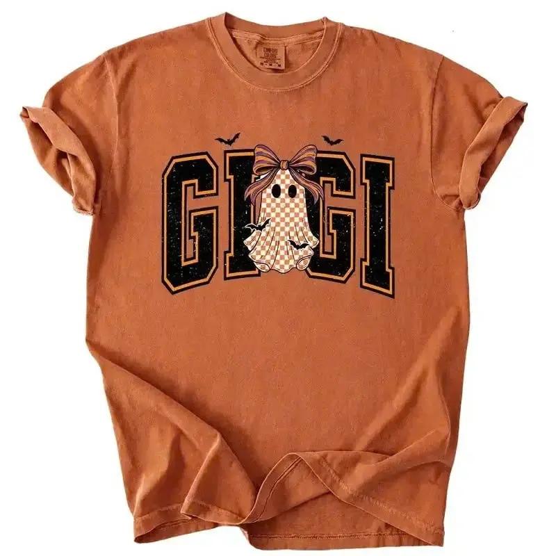 Custom Halloween Family Name Shirt, Personalized Mama Mimi Nana Gigi Auntie Grandma Ghost Bow Graphic Tee, Spooky Fall Gift