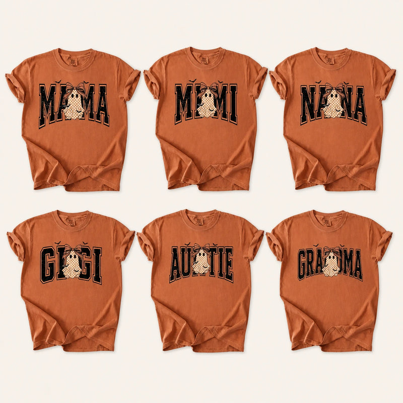 Custom Halloween Family Name Shirt, Personalized Mama Mimi Nana Gigi Auntie Grandma Ghost Bow Graphic Tee, Spooky Fall Gift
