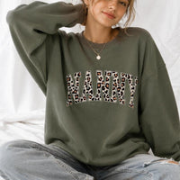 Custom Leopard Mama Sweatshirt Personalized Maternal Title Gift Mother's Day Grandma Nana Gigi Auntie Women Retro Varsity Cheetah Print