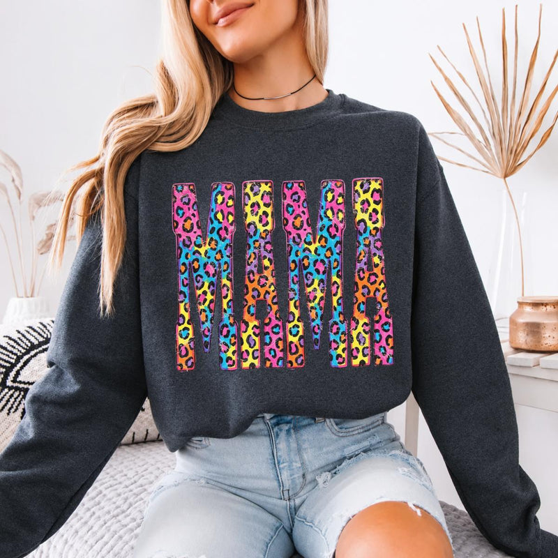 Custom Mama Sweatshirt, Colorful Leopard Print Mama Shirt, Personalized Mom Crewneck, Rainbow Animal Print Pullover, Gift for Mom, Mother's Day Gift, Birthday Gift for Mama, Trendy Mom Shirt