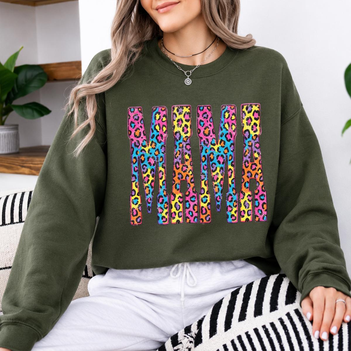 Custom Mama Sweatshirt, Colorful Leopard Print Mama Shirt, Personalized Mom Crewneck, Rainbow Animal Print Pullover, Gift for Mom, Mother's Day Gift, Birthday Gift for Mama, Trendy Mom Shirt