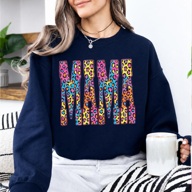 Custom Mama Sweatshirt, Colorful Leopard Print Mama Shirt, Personalized Mom Crewneck, Rainbow Animal Print Pullover, Gift for Mom, Mother's Day Gift, Birthday Gift for Mama, Trendy Mom Shirt