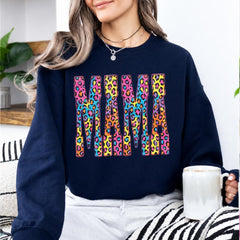 Custom Mama Sweatshirt, Colorful Leopard Print Mama Shirt, Personalized Mom Crewneck, Rainbow Animal Print Pullover, Gift for Mom, Mother's Day Gift, Birthday Gift for Mama, Trendy Mom Shirt