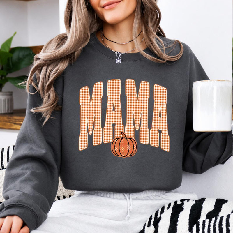 Custom Mama Sweatshirt, Personalized Fall Pumpkin Mama Shirt, Gingham Mama Crewneck, Autumn Mom Pullover, Thanksgiving Sweatshirt, Fall Gift for Mom, Cozy Pumpkin Season Shirt, Mom Gift