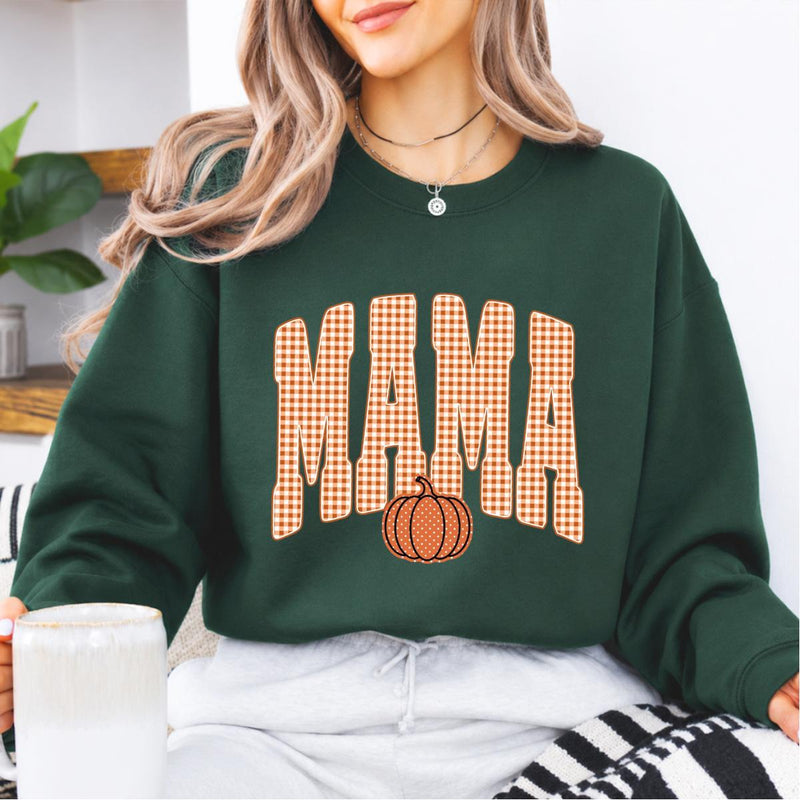 Custom Mama Sweatshirt, Personalized Fall Pumpkin Mama Shirt, Gingham Mama Crewneck, Autumn Mom Pullover, Thanksgiving Sweatshirt, Fall Gift for Mom, Cozy Pumpkin Season Shirt, Mom Gift