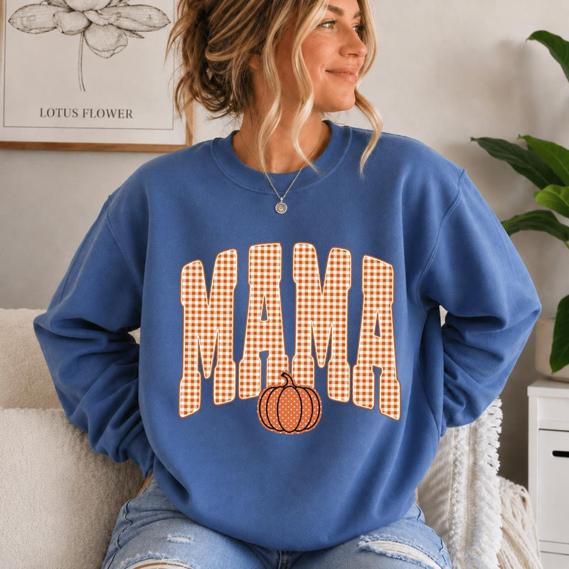 Custom Mama Sweatshirt, Personalized Fall Pumpkin Mama Shirt, Gingham Mama Crewneck, Autumn Mom Pullover, Thanksgiving Sweatshirt, Fall Gift for Mom, Cozy Pumpkin Season Shirt, Mom Gift