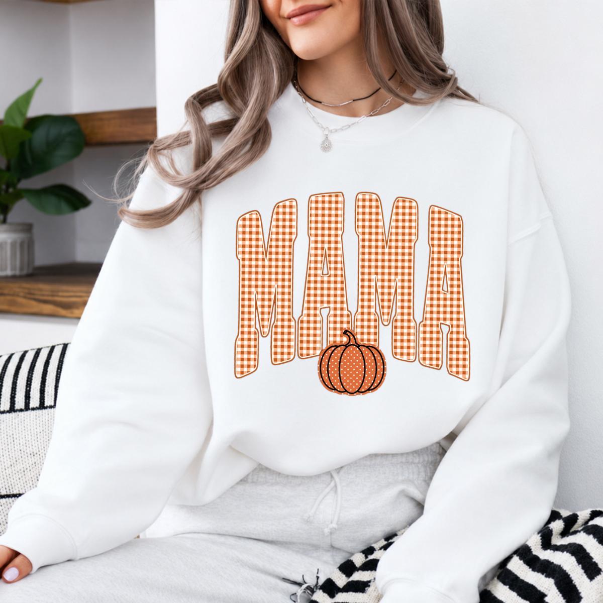 Custom Mama Sweatshirt, Personalized Fall Pumpkin Mama Shirt, Gingham Mama Crewneck, Autumn Mom Pullover, Thanksgiving Sweatshirt, Fall Gift for Mom, Cozy Pumpkin Season Shirt, Mom Gift
