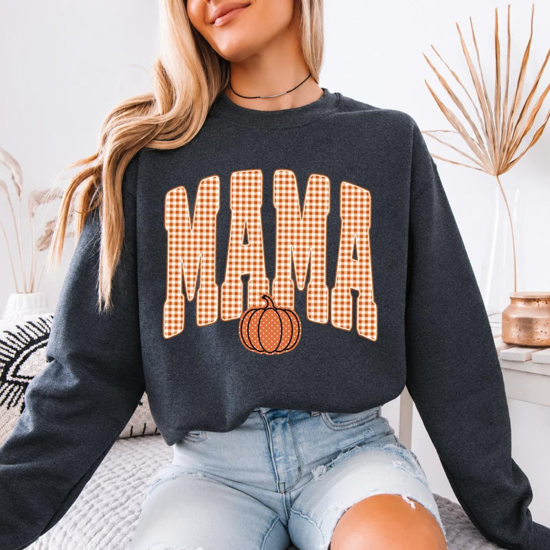 Custom Mama Sweatshirt, Personalized Fall Pumpkin Mama Shirt, Gingham Mama Crewneck, Autumn Mom Pullover, Thanksgiving Sweatshirt, Fall Gift for Mom, Cozy Pumpkin Season Shirt, Mom Gift
