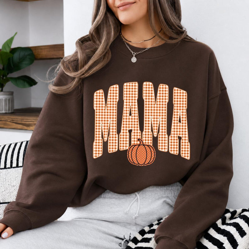 Custom Mama Sweatshirt, Personalized Fall Pumpkin Mama Shirt, Gingham Mama Crewneck, Autumn Mom Pullover, Thanksgiving Sweatshirt, Fall Gift for Mom, Cozy Pumpkin Season Shirt, Mom Gift