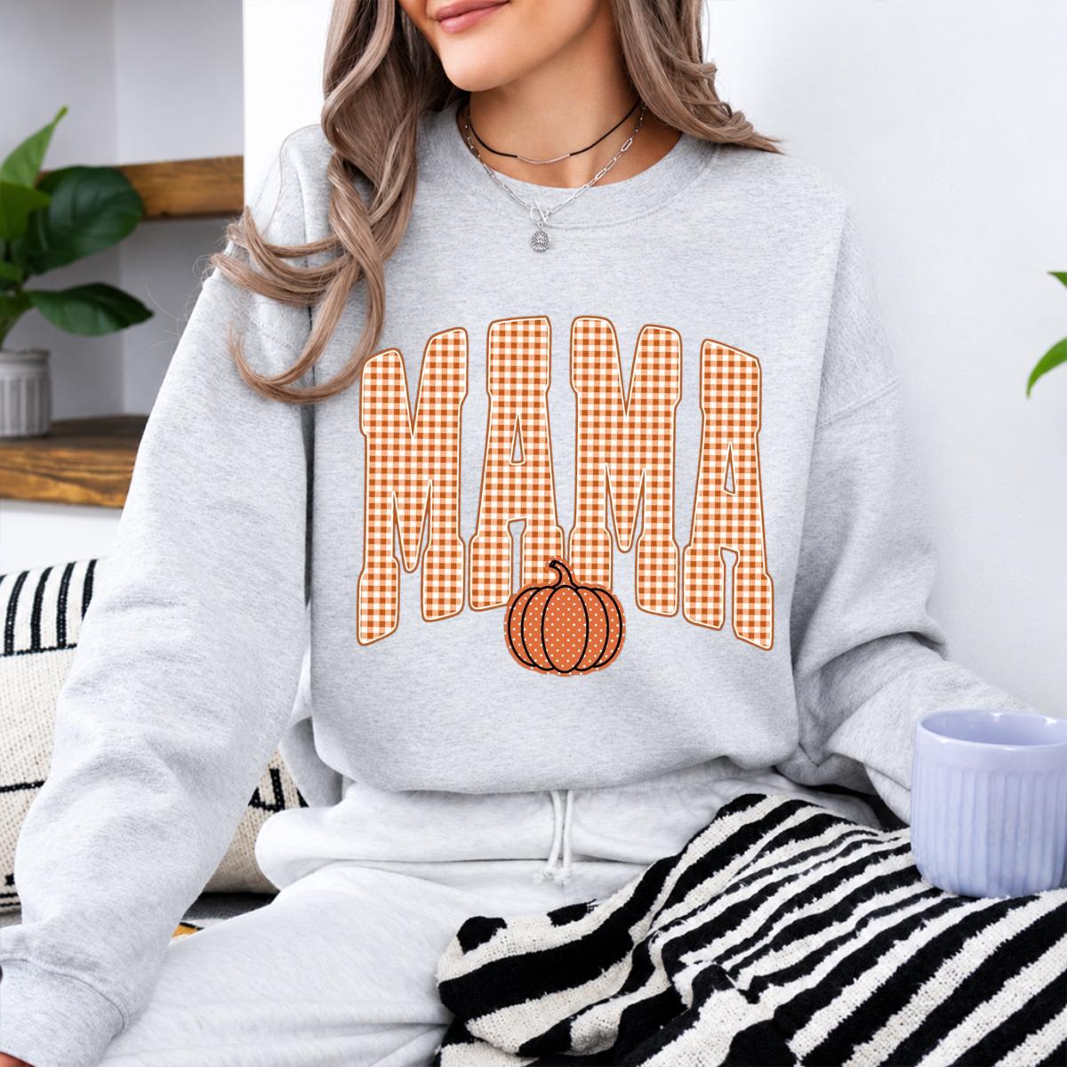 Custom Mama Sweatshirt, Personalized Fall Pumpkin Mama Shirt, Gingham Mama Crewneck, Autumn Mom Pullover, Thanksgiving Sweatshirt, Fall Gift for Mom, Cozy Pumpkin Season Shirt, Mom Gift