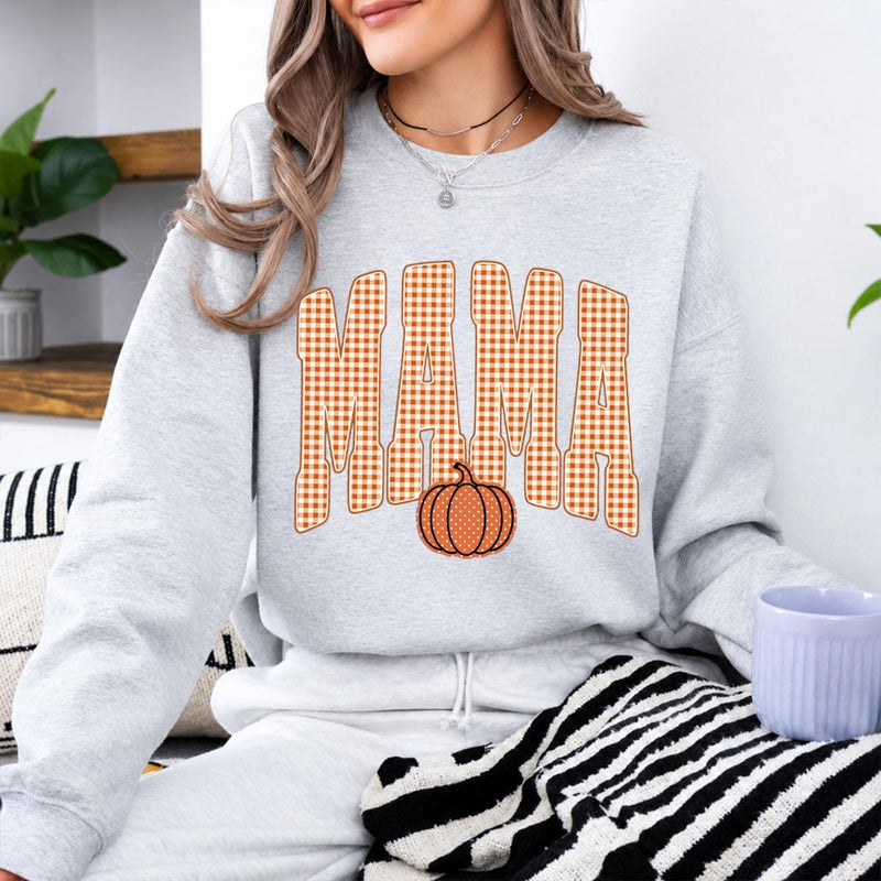 Custom Mama Sweatshirt, Personalized Fall Pumpkin Mama Shirt, Gingham Mama Crewneck, Autumn Mom Pullover, Thanksgiving Sweatshirt, Fall Gift for Mom, Cozy Pumpkin Season Shirt, Mom Gift