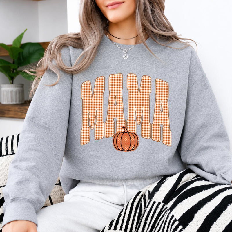 Custom Mama Sweatshirt, Personalized Fall Pumpkin Mama Shirt, Gingham Mama Crewneck, Autumn Mom Pullover, Thanksgiving Sweatshirt, Fall Gift for Mom, Cozy Pumpkin Season Shirt, Mom Gift