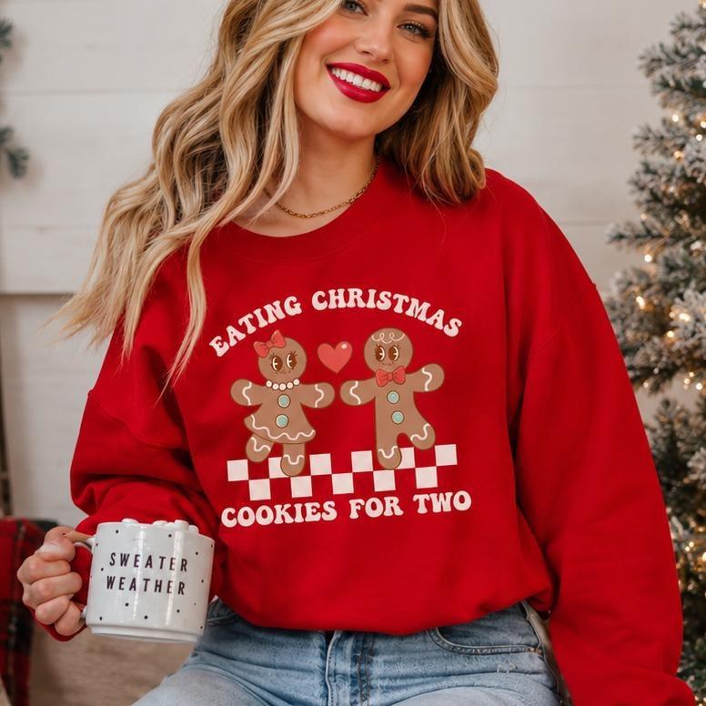 Custom Matching Christmas Couple Sweatshirt, Gingerbread Eating For Two Holiday Design, Funny Xmas Gift