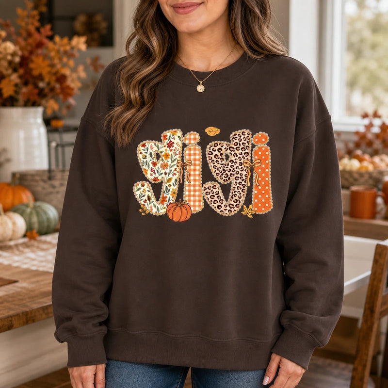 Custom Mom Sweatshirt GIGI MAMA MIMI NANA GRANDMA Fall Pumpkin Patchwork Crewneck