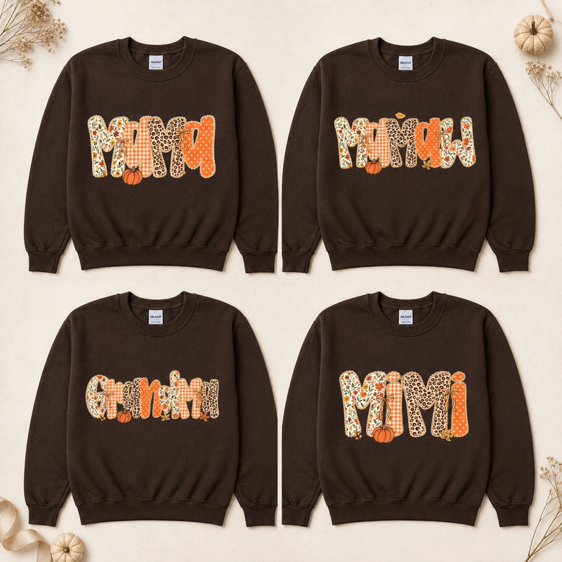Custom Mom Sweatshirt GIGI MAMA MIMI NANA GRANDMA Fall Pumpkin Patchwork Crewneck