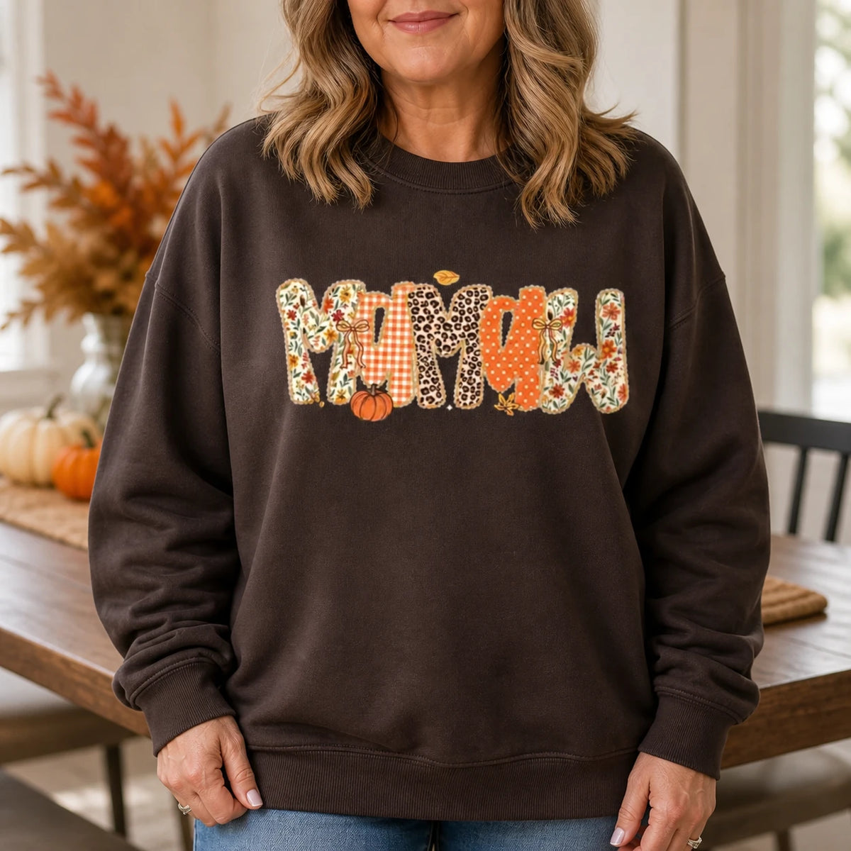 Custom Mom Sweatshirt GIGI MAMA MIMI NANA GRANDMA Fall Pumpkin Patchwork Crewneck
