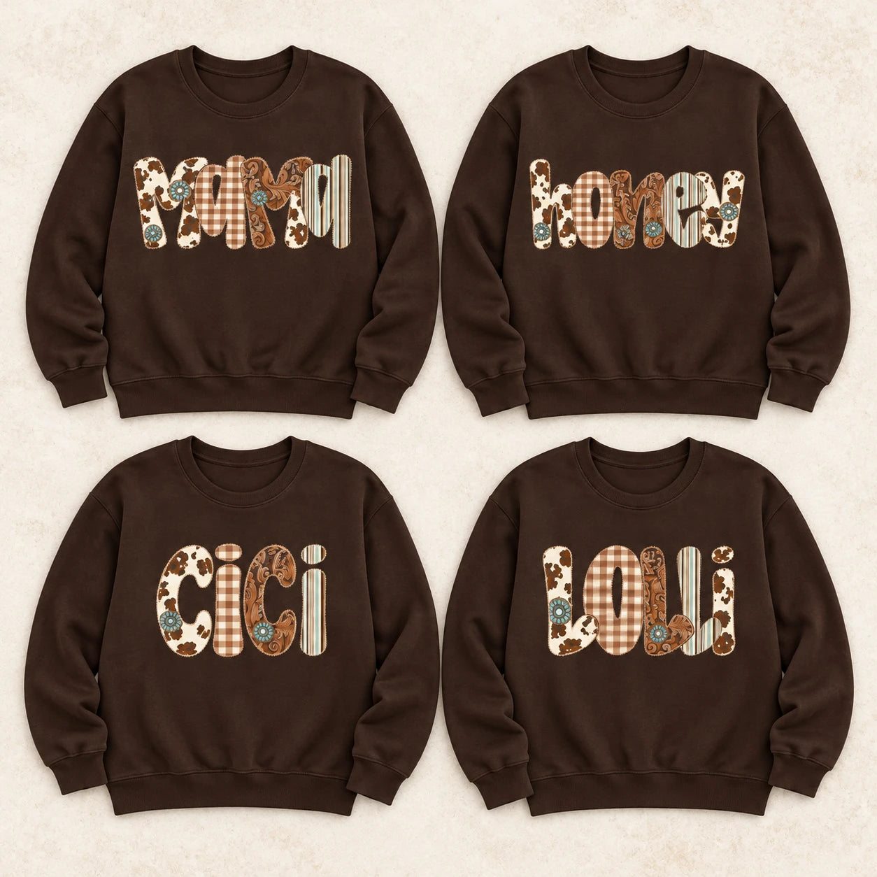 Custom Personalized Family Title Western Patchwork Sweatshirt, Rustic Gift for Mom Grandma Aunt