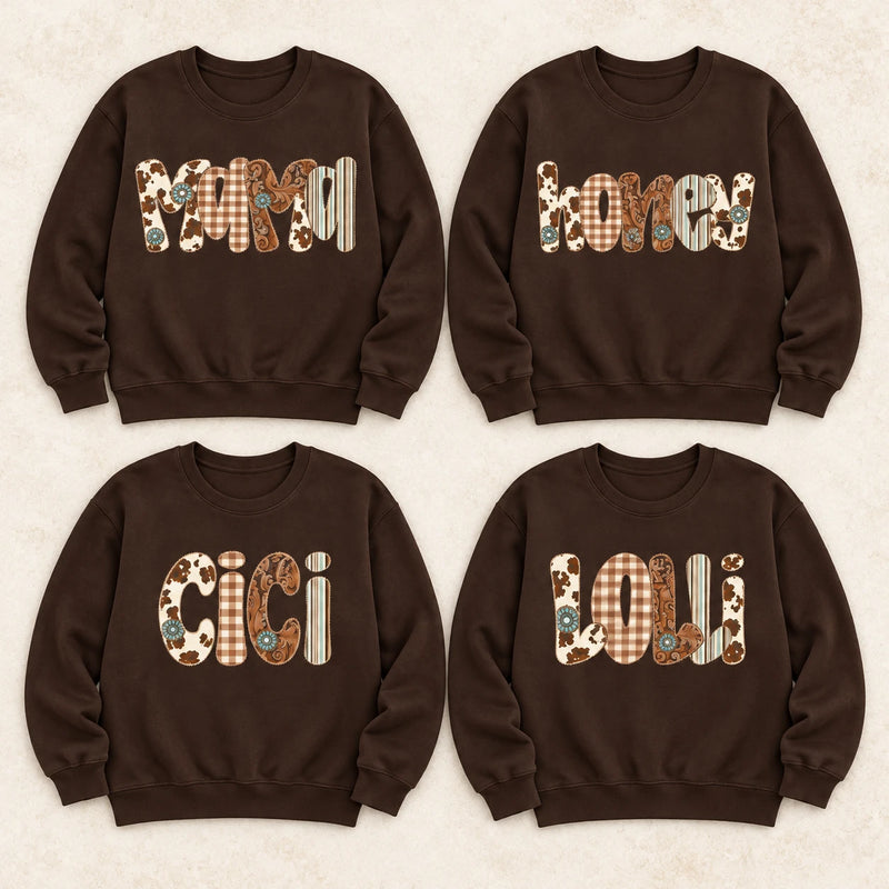 Custom Personalized Family Title Western Patchwork Sweatshirt, Rustic Gift for Mom Grandma Aunt