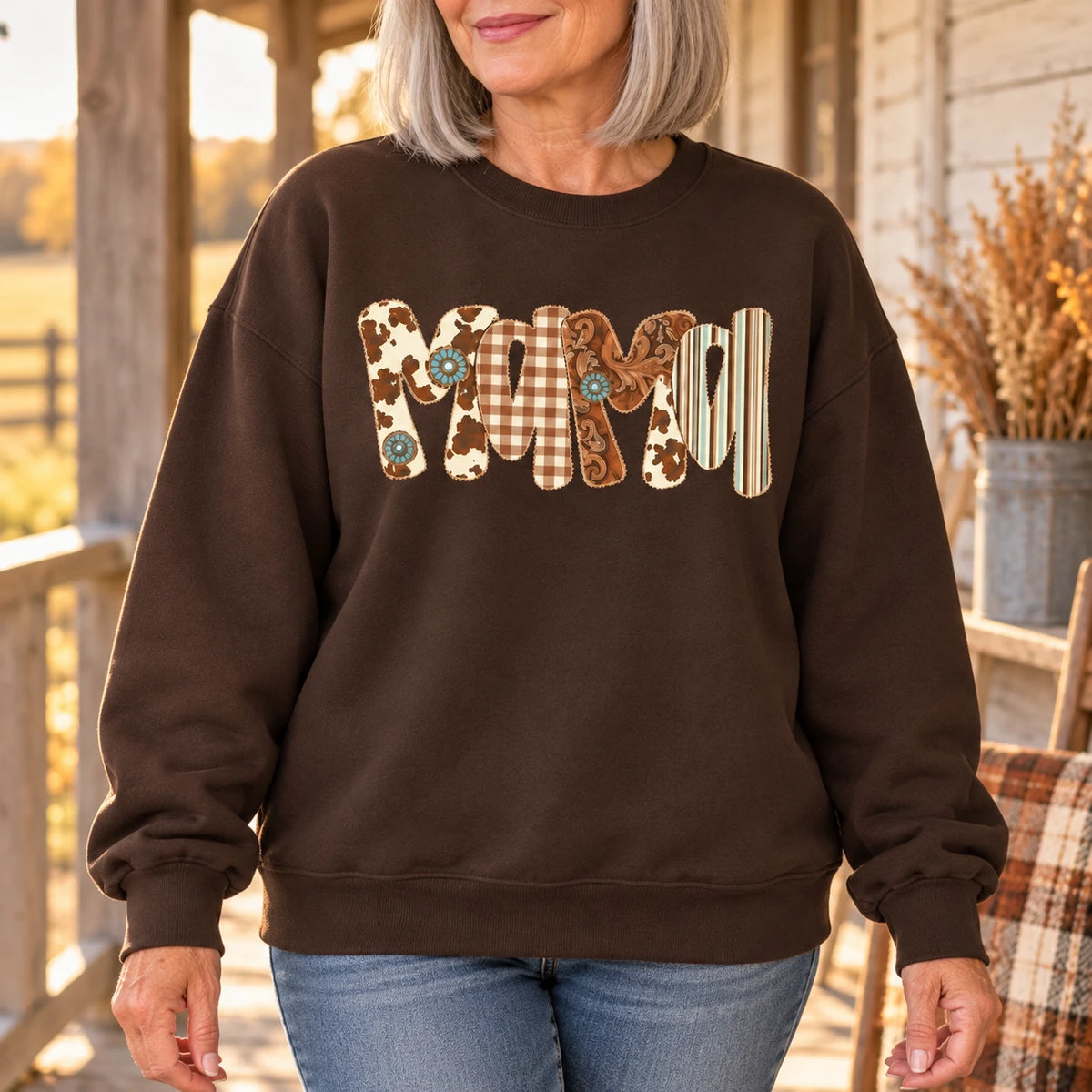Custom Personalized Family Title Western Patchwork Sweatshirt, Rustic Gift for Mom Grandma Aunt