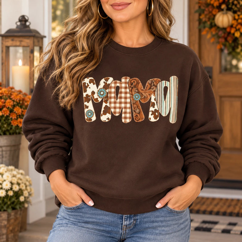Custom Personalized Family Title Western Patchwork Sweatshirt, Rustic Gift for Mom Grandma Aunt