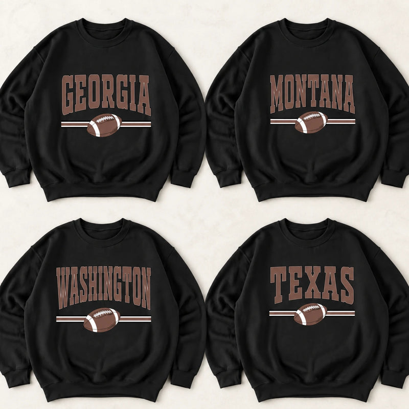 Custom State Football Sweatshirt, Personalized Hometown Varsity Game Day Crewneck, Retro Sports Fan Pullover