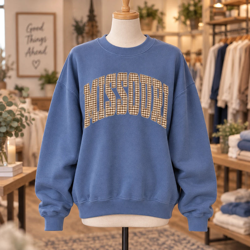 Custom State Gingham Sweatshirt, Vintage Varsity Plaid Hometown Crewneck Pullover for Women Men