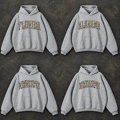 Custom State Name Camo Hoodie, Personalized Collegiate State Pride Pullover Gift for Men Women Students