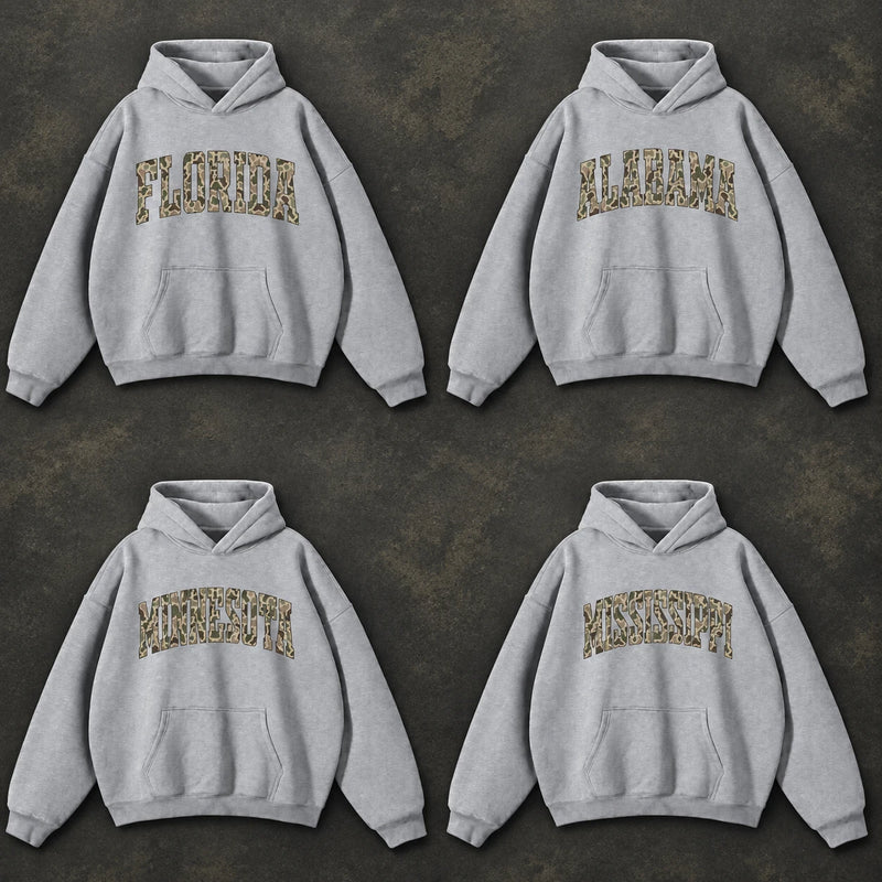 Custom State Name Camo Hoodie, Personalized Collegiate State Pride Pullover Gift for Men Women Students