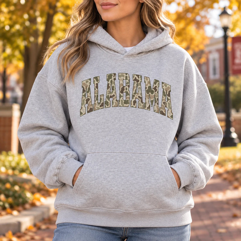 Custom State Name Camo Hoodie, Personalized Collegiate State Pride Pullover Gift for Men Women Students